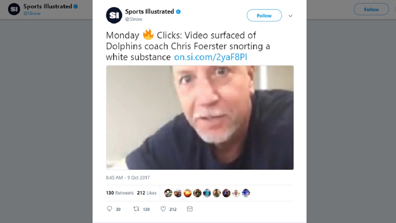 Dolphins Coach Resigns After Video Surfaces Of Him Snorting Substance 